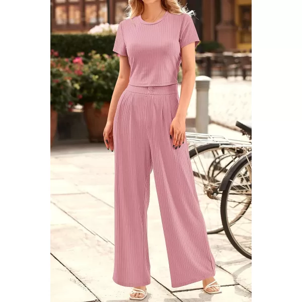 imagePRETTYGARDEN Womens Summer Knit 2 Piece Outfit Short Sleeve Crop Tee Tops Wide Leg Pants Set Tracksuit LoungewearLight Pink