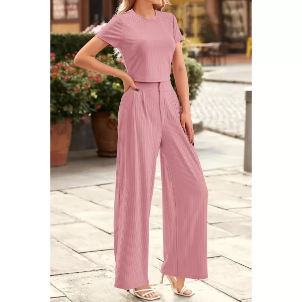 imagePRETTYGARDEN Womens Summer Knit 2 Piece Outfit Short Sleeve Crop Tee Tops Wide Leg Pants Set Tracksuit LoungewearLight Pink