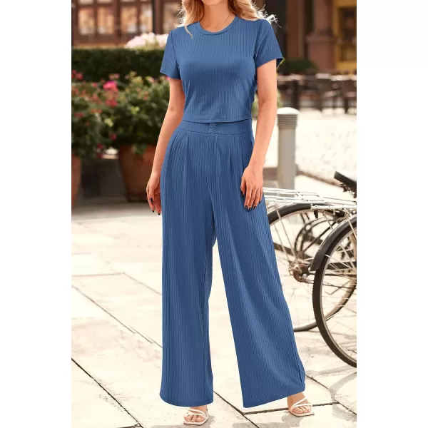 imagePRETTYGARDEN Womens Summer Knit 2 Piece Outfit Short Sleeve Crop Tee Tops Wide Leg Pants Set Tracksuit LoungewearNavy Blue