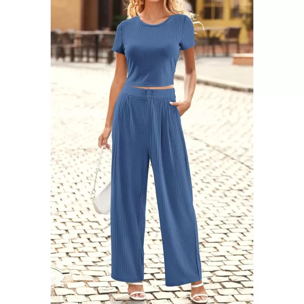 imagePRETTYGARDEN Womens Summer Knit 2 Piece Outfit Short Sleeve Crop Tee Tops Wide Leg Pants Set Tracksuit LoungewearNavy Blue