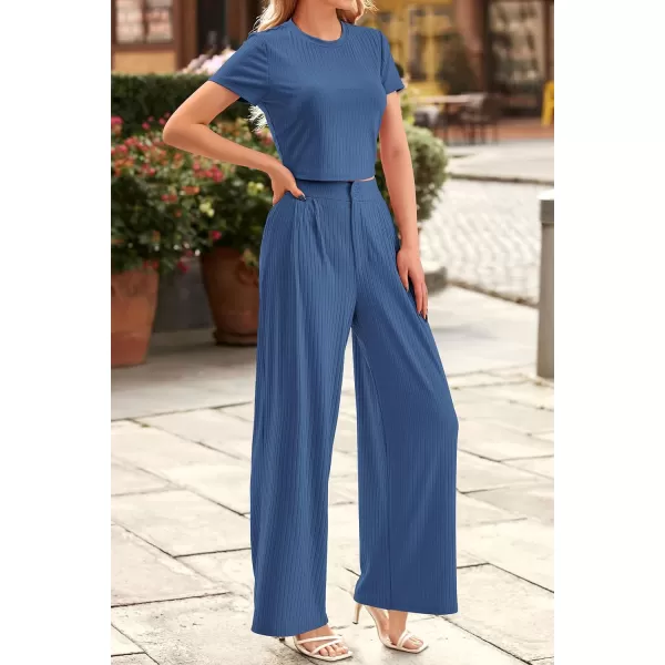 imagePRETTYGARDEN Womens Summer Knit 2 Piece Outfit Short Sleeve Crop Tee Tops Wide Leg Pants Set Tracksuit LoungewearNavy Blue