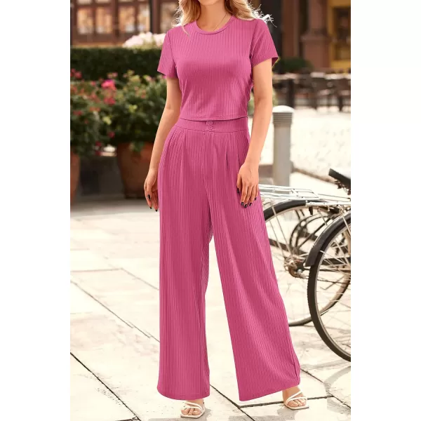 imagePRETTYGARDEN Womens Summer Knit 2 Piece Outfit Short Sleeve Crop Tee Tops Wide Leg Pants Set Tracksuit LoungewearRose Pink