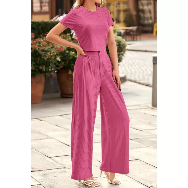 imagePRETTYGARDEN Womens Summer Knit 2 Piece Outfit Short Sleeve Crop Tee Tops Wide Leg Pants Set Tracksuit LoungewearRose Pink
