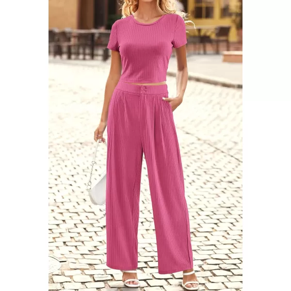 imagePRETTYGARDEN Womens Summer Knit 2 Piece Outfit Short Sleeve Crop Tee Tops Wide Leg Pants Set Tracksuit LoungewearRose Pink