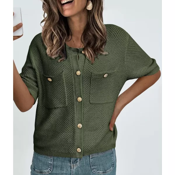 imagePRETTYGARDEN Womens Summer Knit Blouse Top Casual Crewneck Button Down Short Sleeve Cardigan Pocket T ShirtsArmy Green