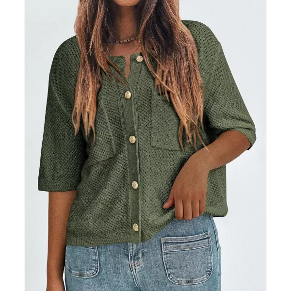 imagePRETTYGARDEN Womens Summer Knit Blouse Top Casual Crewneck Button Down Short Sleeve Cardigan Pocket T ShirtsArmy Green
