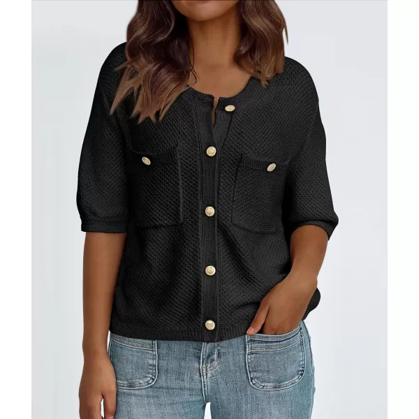 imagePRETTYGARDEN Womens Summer Knit Blouse Top Casual Crewneck Button Down Short Sleeve Cardigan Pocket T ShirtsBlack