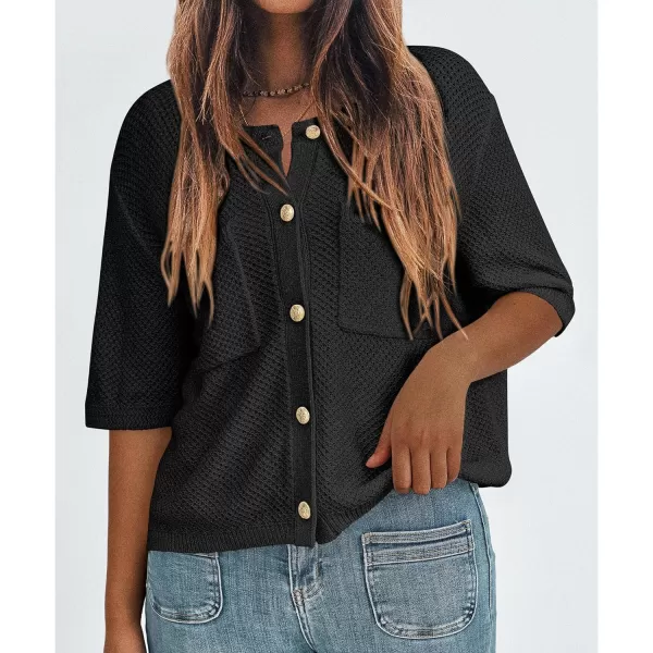 imagePRETTYGARDEN Womens Summer Knit Blouse Top Casual Crewneck Button Down Short Sleeve Cardigan Pocket T ShirtsBlack