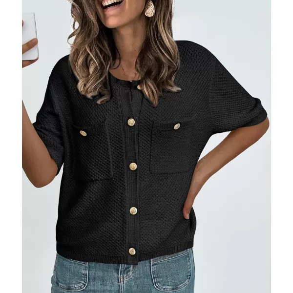 imagePRETTYGARDEN Womens Summer Knit Blouse Top Casual Crewneck Button Down Short Sleeve Cardigan Pocket T ShirtsBlack