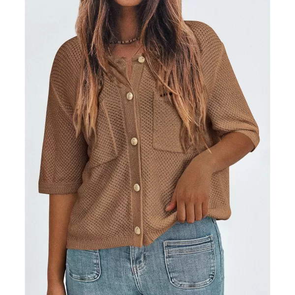 imagePRETTYGARDEN Womens Summer Knit Blouse Top Casual Crewneck Button Down Short Sleeve Cardigan Pocket T ShirtsBrown