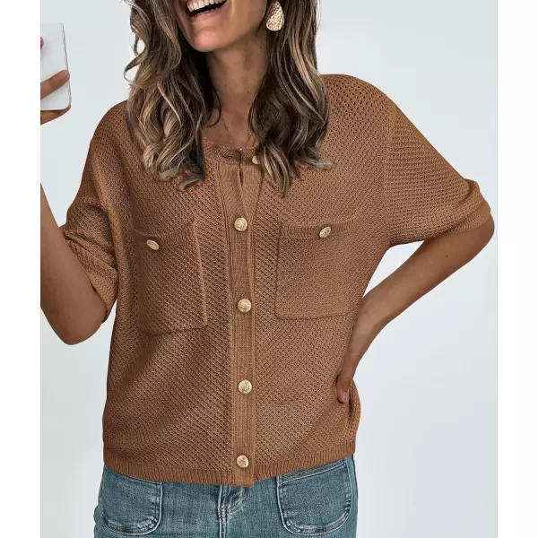 imagePRETTYGARDEN Womens Summer Knit Blouse Top Casual Crewneck Button Down Short Sleeve Cardigan Pocket T ShirtsBrown