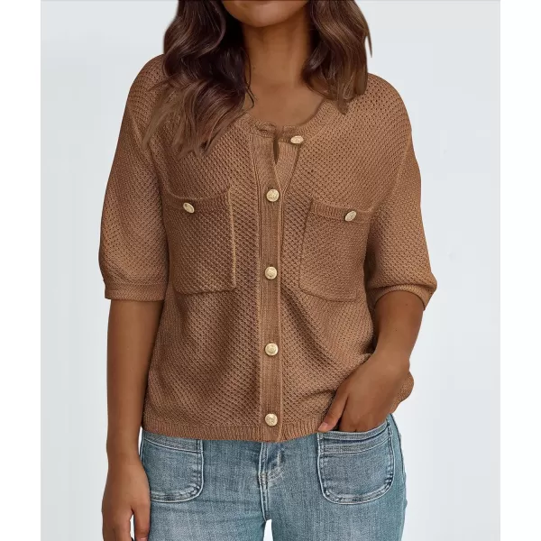 imagePRETTYGARDEN Womens Summer Knit Blouse Top Casual Crewneck Button Down Short Sleeve Cardigan Pocket T ShirtsBrown