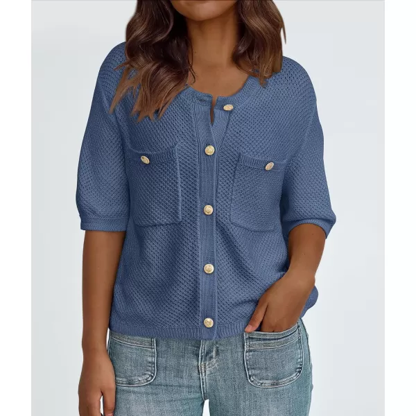 imagePRETTYGARDEN Womens Summer Knit Blouse Top Casual Crewneck Button Down Short Sleeve Cardigan Pocket T ShirtsGrey Blue