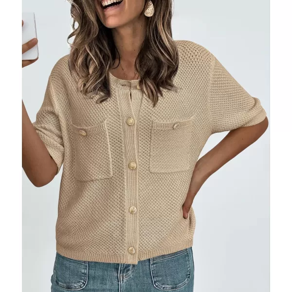 imagePRETTYGARDEN Womens Summer Knit Blouse Top Casual Crewneck Button Down Short Sleeve Cardigan Pocket T ShirtsKhaki