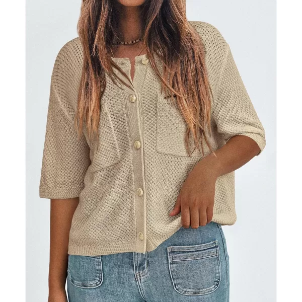 imagePRETTYGARDEN Womens Summer Knit Blouse Top Casual Crewneck Button Down Short Sleeve Cardigan Pocket T ShirtsKhaki