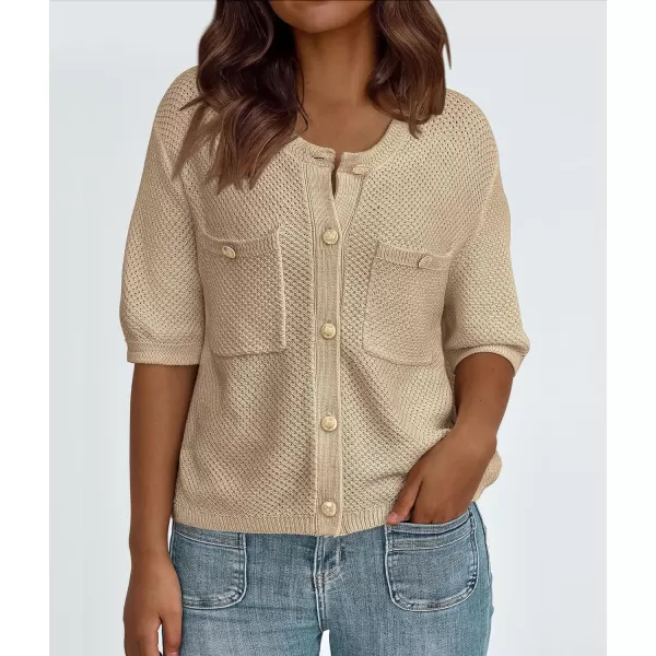 imagePRETTYGARDEN Womens Summer Knit Blouse Top Casual Crewneck Button Down Short Sleeve Cardigan Pocket T ShirtsKhaki