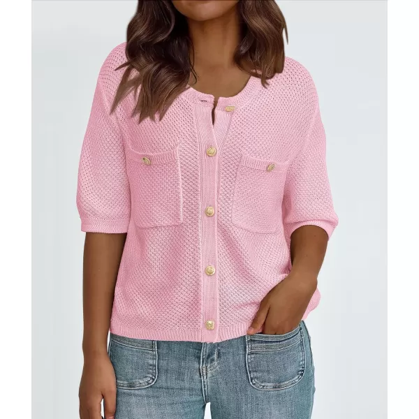 imagePRETTYGARDEN Womens Summer Knit Blouse Top Casual Crewneck Button Down Short Sleeve Cardigan Pocket T ShirtsLight Pink