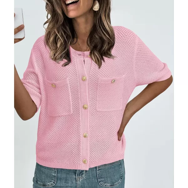 imagePRETTYGARDEN Womens Summer Knit Blouse Top Casual Crewneck Button Down Short Sleeve Cardigan Pocket T ShirtsLight Pink