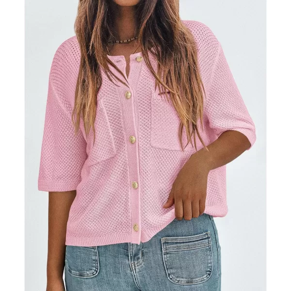 imagePRETTYGARDEN Womens Summer Knit Blouse Top Casual Crewneck Button Down Short Sleeve Cardigan Pocket T ShirtsLight Pink