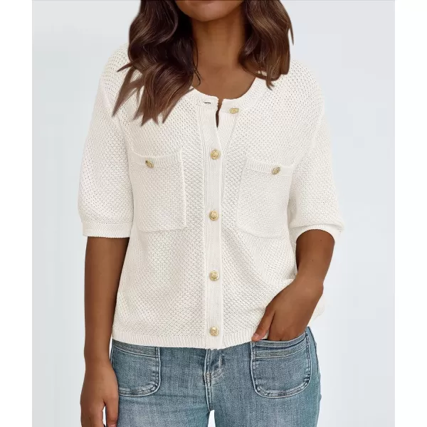 imagePRETTYGARDEN Womens Summer Knit Blouse Top Casual Crewneck Button Down Short Sleeve Cardigan Pocket T ShirtsWhite
