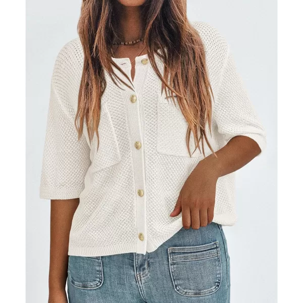 imagePRETTYGARDEN Womens Summer Knit Blouse Top Casual Crewneck Button Down Short Sleeve Cardigan Pocket T ShirtsWhite