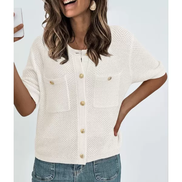 imagePRETTYGARDEN Womens Summer Knit Blouse Top Casual Crewneck Button Down Short Sleeve Cardigan Pocket T ShirtsWhite