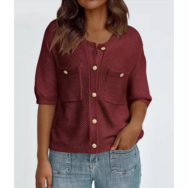 imagePRETTYGARDEN Womens Summer Knit Blouse Top Casual Crewneck Button Down Short Sleeve Cardigan Pocket T ShirtsWine Red