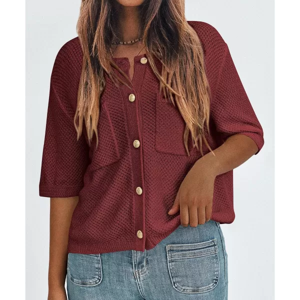 imagePRETTYGARDEN Womens Summer Knit Blouse Top Casual Crewneck Button Down Short Sleeve Cardigan Pocket T ShirtsWine Red