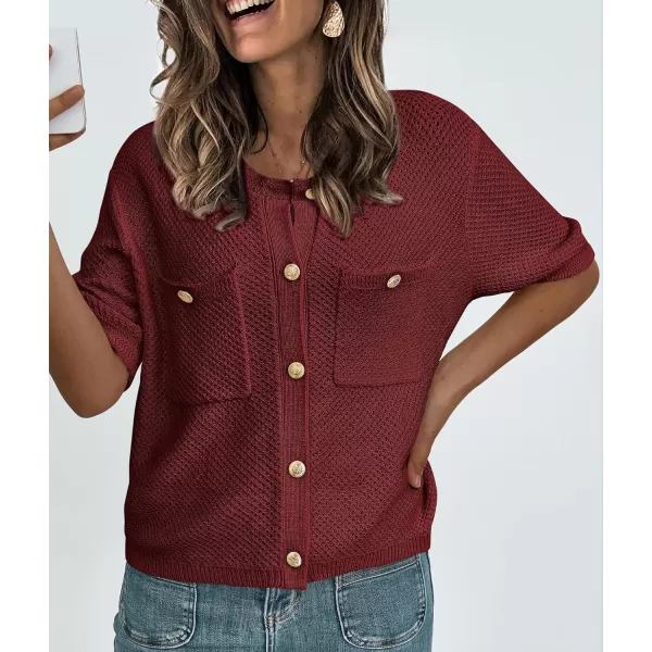 imagePRETTYGARDEN Womens Summer Knit Blouse Top Casual Crewneck Button Down Short Sleeve Cardigan Pocket T ShirtsWine Red