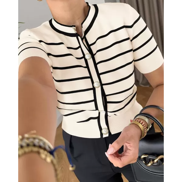 imagePRETTYGARDEN Womens Summer Knit Tops Short Sleeve Crewneck Button Down Striped Shirts Dressy Casual Cute Ladies BlousesApricot