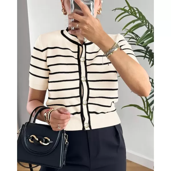 imagePRETTYGARDEN Womens Summer Knit Tops Short Sleeve Crewneck Button Down Striped Shirts Dressy Casual Cute Ladies BlousesApricot