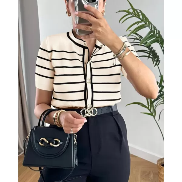imagePRETTYGARDEN Womens Summer Knit Tops Short Sleeve Crewneck Button Down Striped Shirts Dressy Casual Cute Ladies BlousesApricot