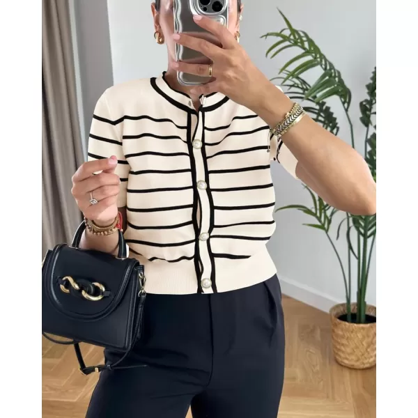 imagePRETTYGARDEN Womens Summer Knit Tops Short Sleeve Crewneck Button Down Striped Shirts Dressy Casual Cute Ladies BlousesApricot
