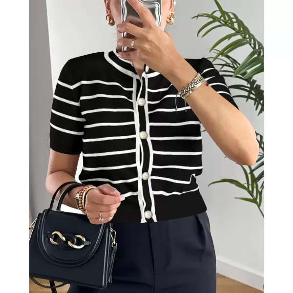 imagePRETTYGARDEN Womens Summer Knit Tops Short Sleeve Crewneck Button Down Striped Shirts Dressy Casual Cute Ladies BlousesBlack