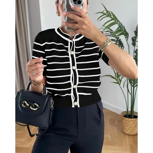 imagePRETTYGARDEN Womens Summer Knit Tops Short Sleeve Crewneck Button Down Striped Shirts Dressy Casual Cute Ladies BlousesBlack