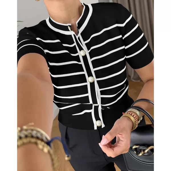 imagePRETTYGARDEN Womens Summer Knit Tops Short Sleeve Crewneck Button Down Striped Shirts Dressy Casual Cute Ladies BlousesBlack
