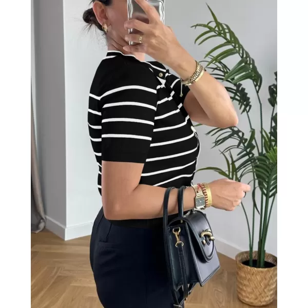 imagePRETTYGARDEN Womens Summer Knit Tops Short Sleeve Crewneck Button Down Striped Shirts Dressy Casual Cute Ladies BlousesBlack