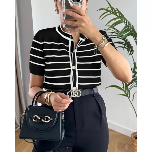 imagePRETTYGARDEN Womens Summer Knit Tops Short Sleeve Crewneck Button Down Striped Shirts Dressy Casual Cute Ladies BlousesBlack
