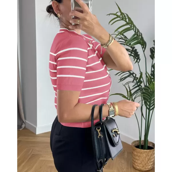 imagePRETTYGARDEN Womens Summer Knit Tops Short Sleeve Crewneck Button Down Striped Shirts Dressy Casual Cute Ladies BlousesDusty Pink