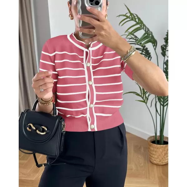 imagePRETTYGARDEN Womens Summer Knit Tops Short Sleeve Crewneck Button Down Striped Shirts Dressy Casual Cute Ladies BlousesDusty Pink