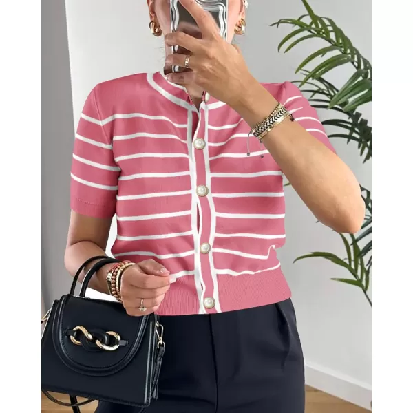 imagePRETTYGARDEN Womens Summer Knit Tops Short Sleeve Crewneck Button Down Striped Shirts Dressy Casual Cute Ladies BlousesDusty Pink