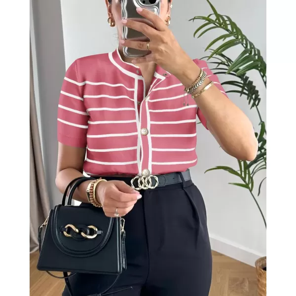 imagePRETTYGARDEN Womens Summer Knit Tops Short Sleeve Crewneck Button Down Striped Shirts Dressy Casual Cute Ladies BlousesDusty Pink