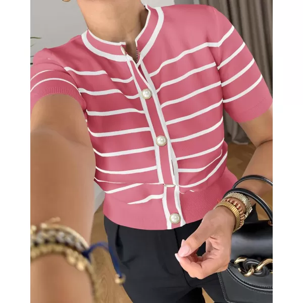 imagePRETTYGARDEN Womens Summer Knit Tops Short Sleeve Crewneck Button Down Striped Shirts Dressy Casual Cute Ladies BlousesDusty Pink