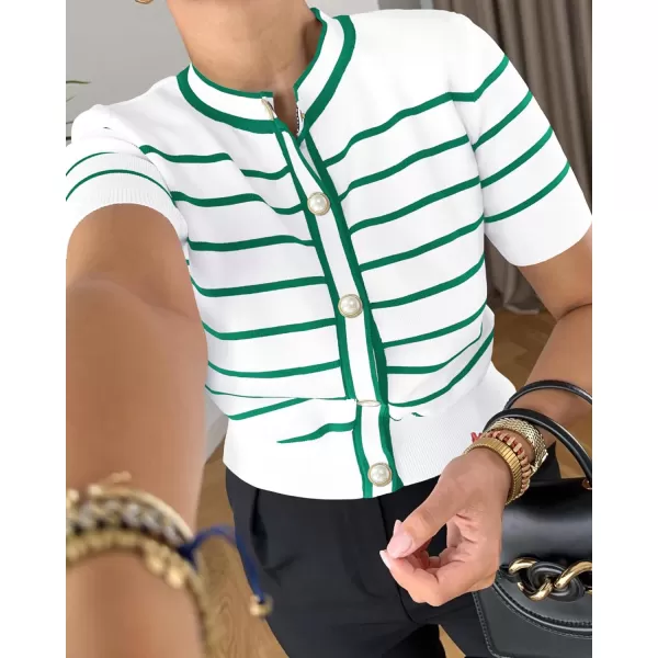 imagePRETTYGARDEN Womens Summer Knit Tops Short Sleeve Crewneck Button Down Striped Shirts Dressy Casual Cute Ladies BlousesGreen