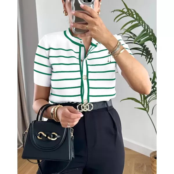 imagePRETTYGARDEN Womens Summer Knit Tops Short Sleeve Crewneck Button Down Striped Shirts Dressy Casual Cute Ladies BlousesGreen