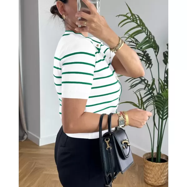 imagePRETTYGARDEN Womens Summer Knit Tops Short Sleeve Crewneck Button Down Striped Shirts Dressy Casual Cute Ladies BlousesGreen