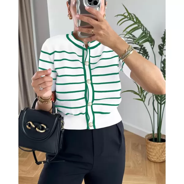 imagePRETTYGARDEN Womens Summer Knit Tops Short Sleeve Crewneck Button Down Striped Shirts Dressy Casual Cute Ladies BlousesGreen