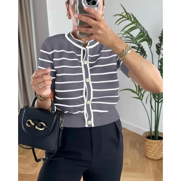 imagePRETTYGARDEN Womens Summer Knit Tops Short Sleeve Crewneck Button Down Striped Shirts Dressy Casual Cute Ladies BlousesGrey