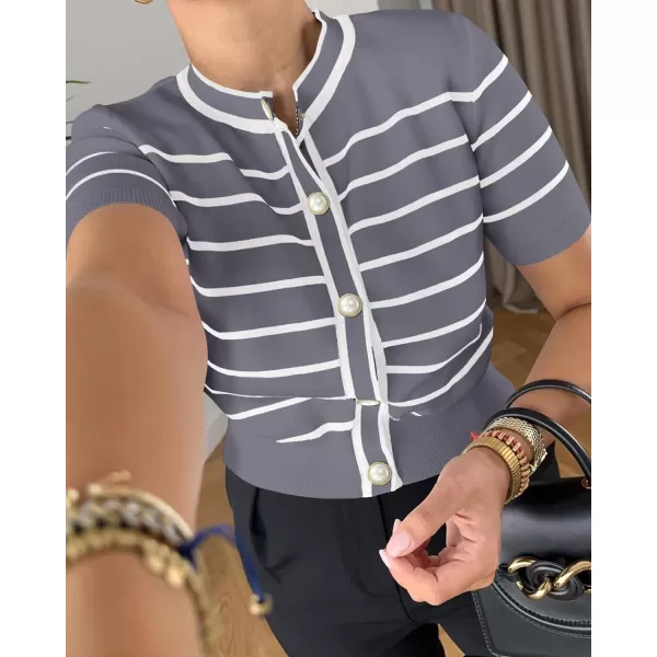 imagePRETTYGARDEN Womens Summer Knit Tops Short Sleeve Crewneck Button Down Striped Shirts Dressy Casual Cute Ladies BlousesGrey