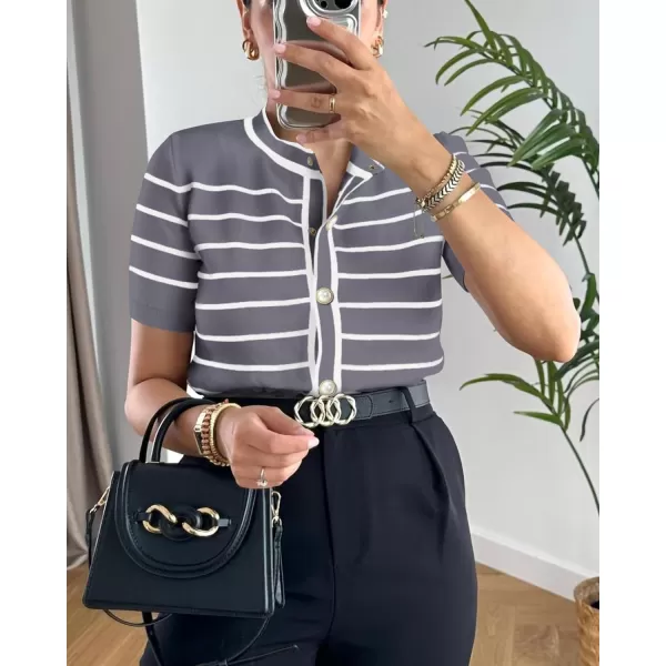 imagePRETTYGARDEN Womens Summer Knit Tops Short Sleeve Crewneck Button Down Striped Shirts Dressy Casual Cute Ladies BlousesGrey